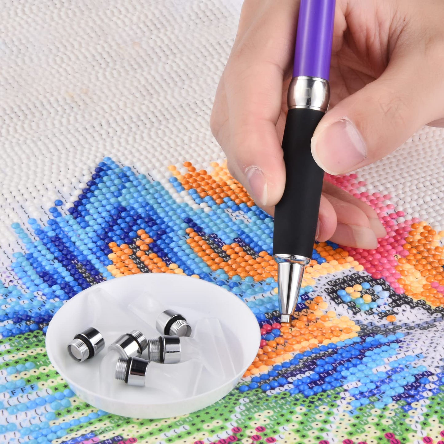 Square Diamond Art Painting Tools, Metal Drill Pens with Square and Round Drill Head Plus Multiplacer Tips, Comfort Grip 5D Diamond Art Painting Pen (Purple)