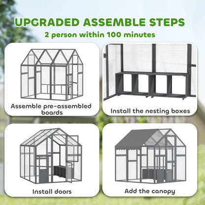 PawHut Large Wooden Chicken Coop for 6-8 Hens, Walk-in Chicken Run with Waterproof Cover, Nesting Boxes and Perches, Outdoor Poultry Cage Rabbit Hutch for Backyard, 66" x 72" x 72", Gray