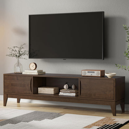 SIMPLIHOME Harper TV Stand - 72 inch Wide Solid Wood Low Media Console in Walnut Brown, Mid Century Modern Entertainment Center for Living Room for TVs up to 80 Inches with Shelf and Cord Management