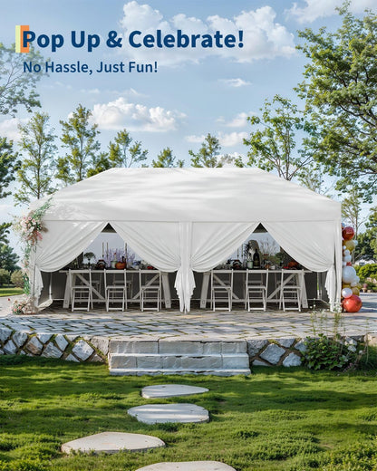 Garvee 10x20 Pop Up Canopy with 6 Sidewalls, Beach Ten with One Push Setup, Reinforced Frame, Outdoor Easy Up Canopy Tent with Portable Roller Bag, Adjustable Height, Sandbags, Silver Coated, White