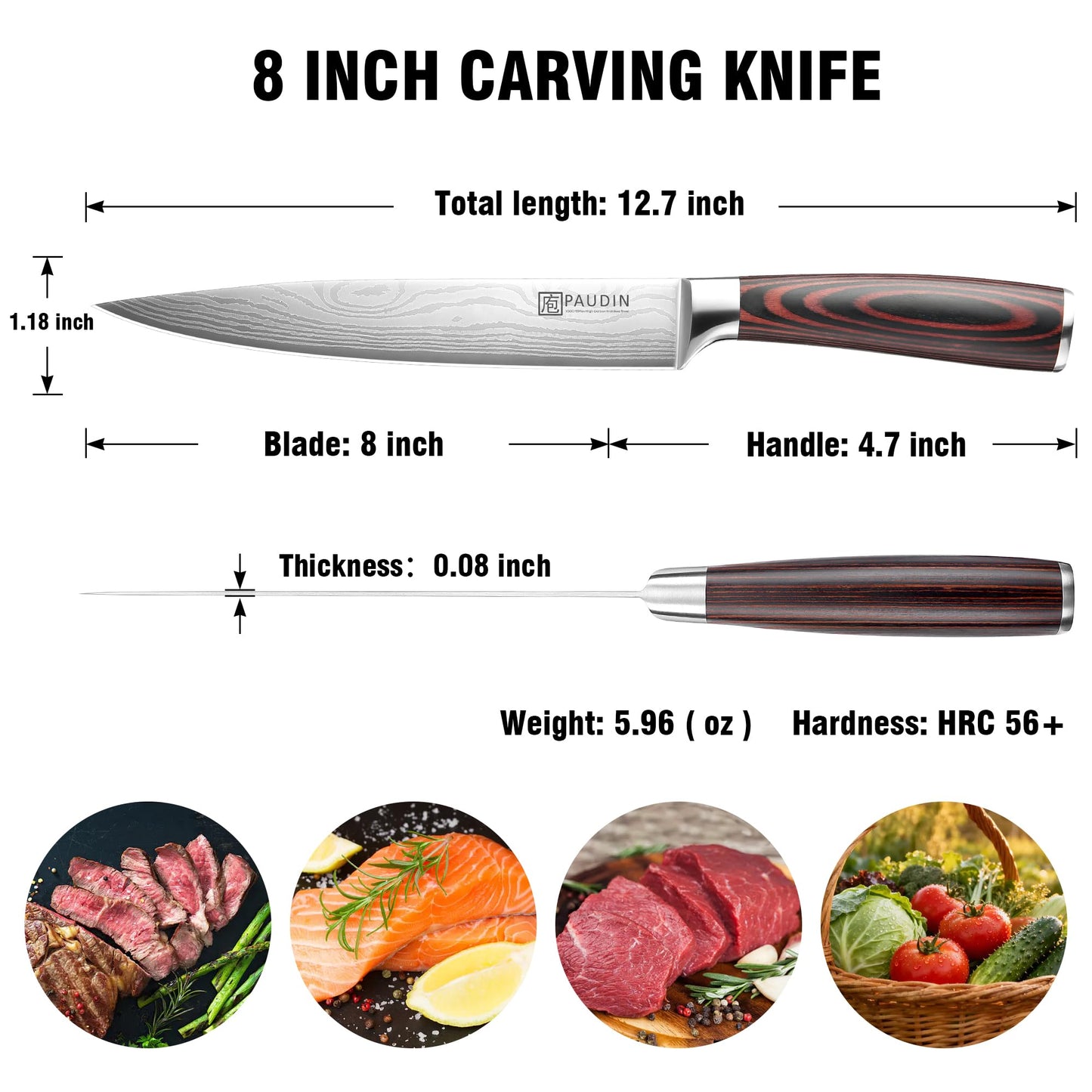 PAUDIN Carving Knife 8 inch, Ultra Sharp Brisket Slicing Knives, Premium Meat Cutting Knives German Stainless Steel, BBQ Knife with Ergonomic Handle, for Slicing Roast, Meats and Vegetables