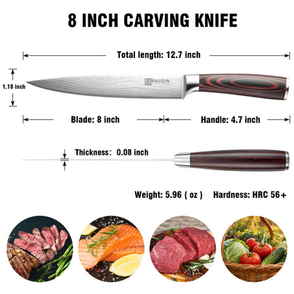 PAUDIN Carving Knife 8 inch, Ultra Sharp Brisket Slicing Knives, Premium Meat Cutting Knives German Stainless Steel, BBQ Knife with Ergonomic Handle, for Slicing Roast, Meats and Vegetables