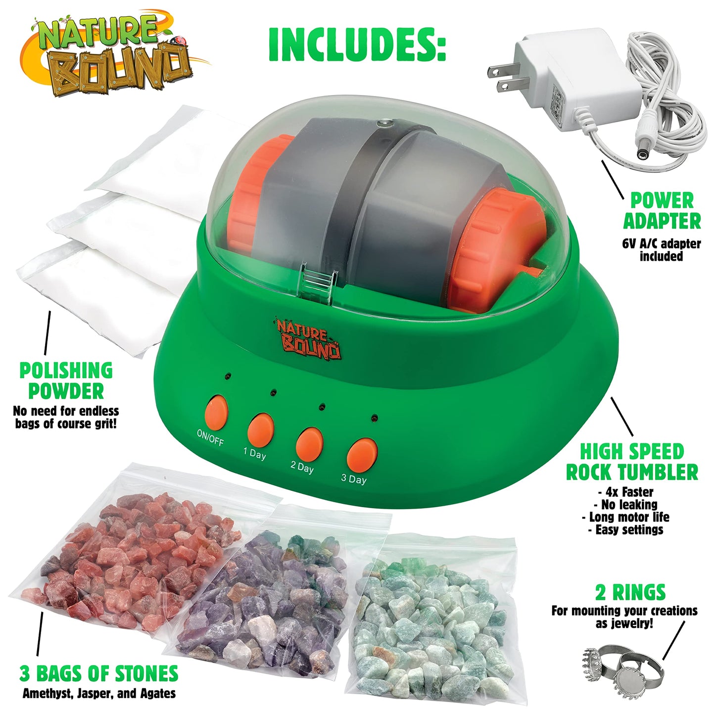 Nature Bound Starter Rock Tumbler Kit for Kids– Includes Rough Gemstones, Polishing Grits, Jewelry Fastenings, and Instructions – Great STEM Science Kit for The Future Geologist, Boys & Girls Ages 8+