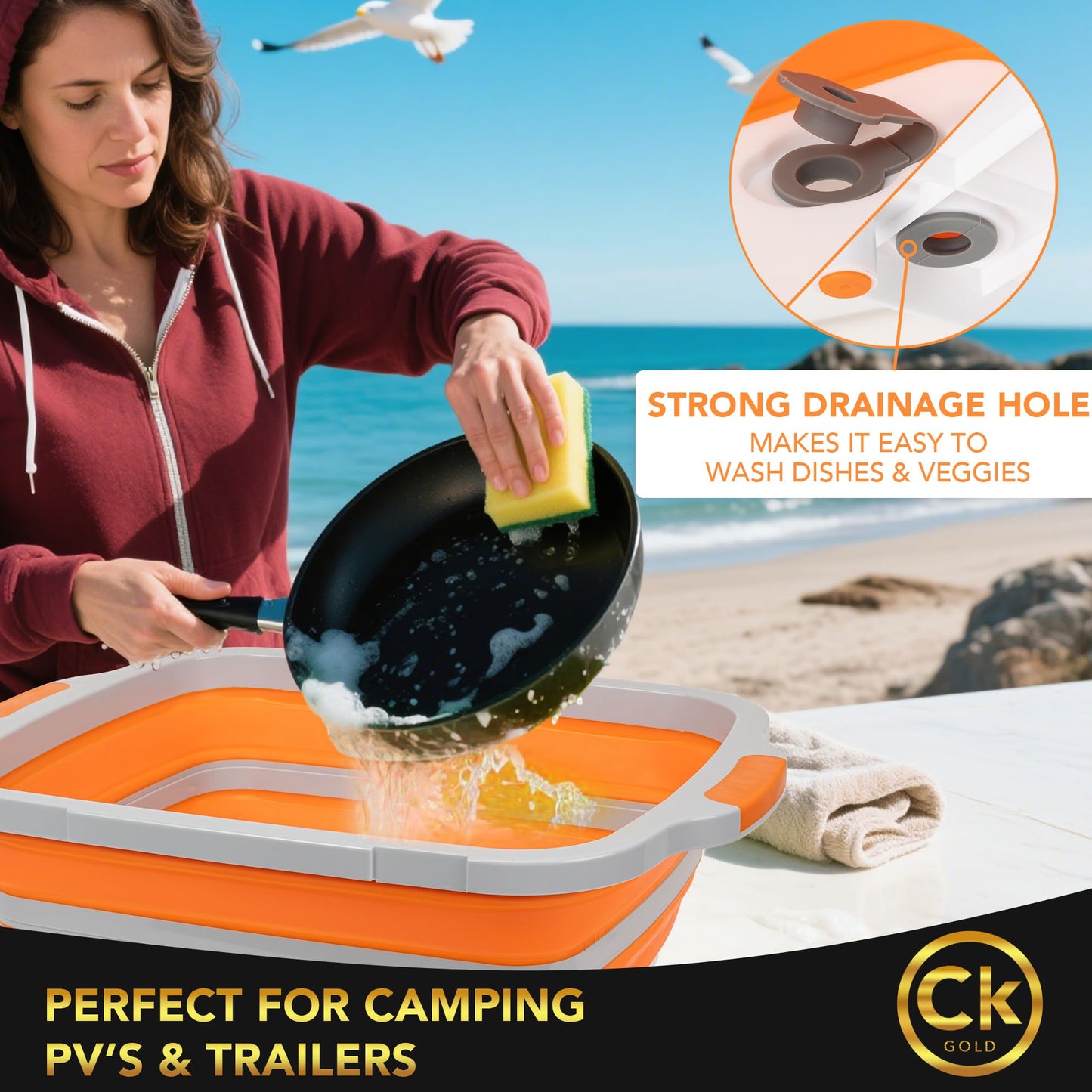 CK GOLD Collapsible BBQ Prep Tub XL with Locking Lid & Drain Hole | Meat Marinating Container with Cutting Board | BPA-Free Food-Grade Prep Tubs for Grilling, Camping & Outdoor Cooking (Orange, 16 L)