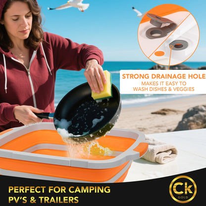CK GOLD Collapsible BBQ Prep Tub XL with Locking Lid & Drain Hole | Meat Marinating Container with Cutting Board | BPA-Free Food-Grade Prep Tubs for Grilling, Camping & Outdoor Cooking (Orange, 16 L)