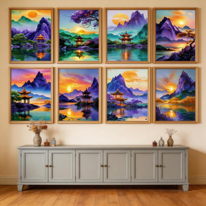 ZSWLLHP 12-Pack Asian Landscape Diamond Painting Kits, Full Round Drill 5D Purple Mountain Pagoda Scenery Diamond Art Sets for Adults, DIY Handmade Gem Paintings for Home Office Wall Art Decor