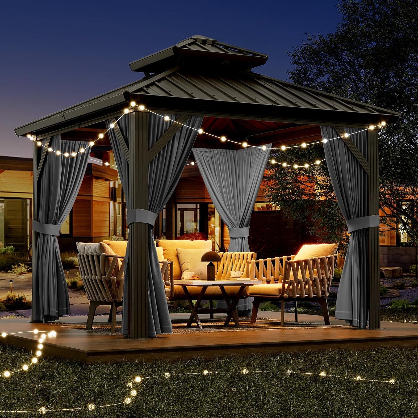 10'x10' Hardtop Gazebo, Heavy Duty Aluminum Permanent Outdoor Pavilion with Curtains and Netting for Garden, Patio, or Backyard (Grey, 10'x10')