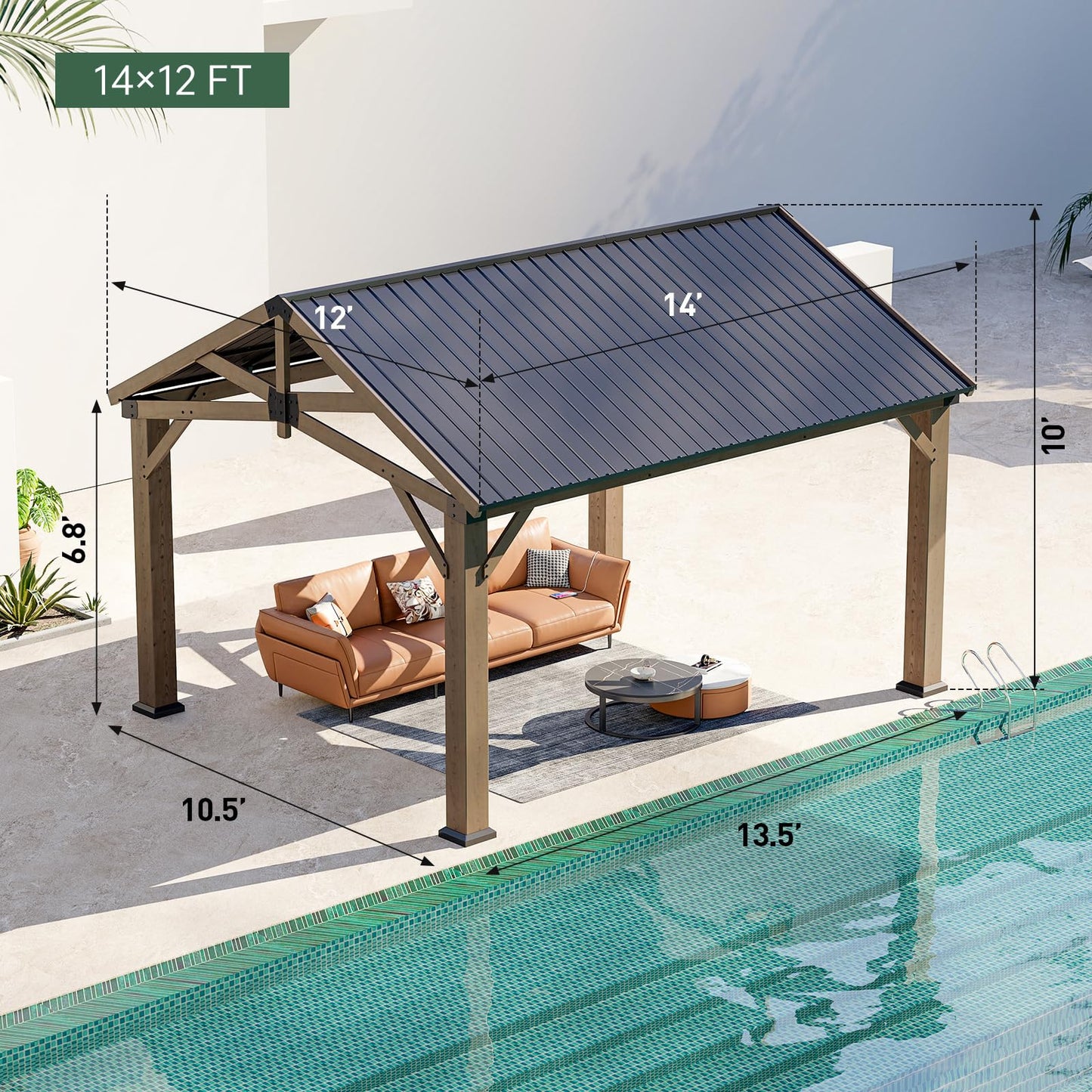 LET’S Patio 12' x 14' Outdoor Cedar Wood Gazebo, Hardtop Gazebo Permanent Wooden Pavilion with Galvanized Steel Gable Roof, for Deck, Garden, Patio, Garden
