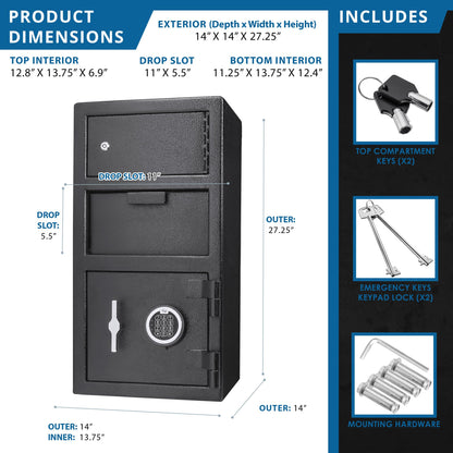 Barska Advanced Digital Keypad Compact Depository Drop Safe with Master Code + 5 Codes & Dual User Mode, Black, 0.72/0.78 Cubic Ft