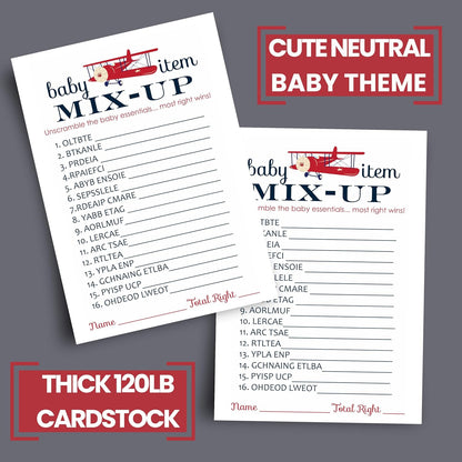 Airplane Baby Shower Games for Boys, Word Scramble Activity, 25 Cards, Adventure Theme in Red and Blue