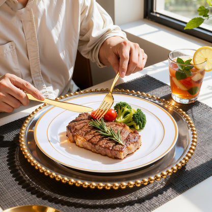 WDF Partyware 350Piece Gold Dinnerware Set for 50 Guests - Gold Plastic Plates with Disposable Cutlery - 50Dinner Plates-50Dessert Plates-50Pre Rolled Napkins with Silverware for Wedding/Mother's Day