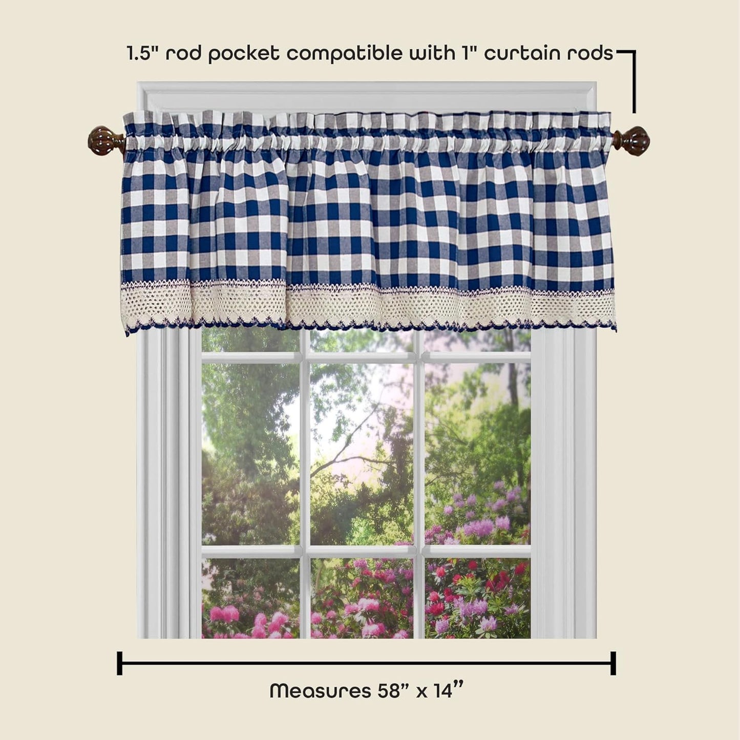 Buffalo Check Valance Window Curtains - 58 Inch Width, 14 Inch Length - Navy Blue & Ivory White Plaid - Light Filtering