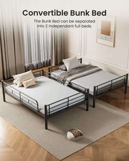Mixcous Full Over Full Metal Bunk Bed for Adults & Kids, Convertible to 2 Separate Full Size Beds, Heavy Duty Bunk Bed Frame with Full-length Guardrail & EVA Padded Ladder, No Box Spring Needed, Black