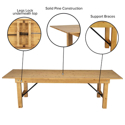 Flash Furniture Hercules Commercial Grade Farmhouse Dining Table | Solid Pine Foldable Table for 10 in Antique Rustic Light Natural | Rustic Charm for Home and Events