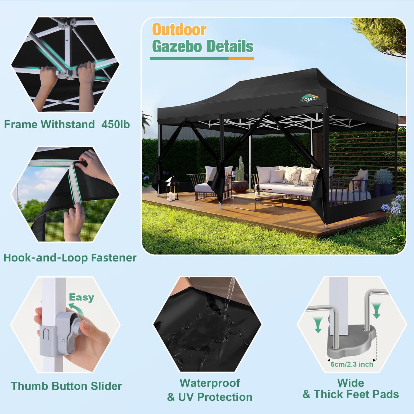 COBIZI 10x20 Canopy Tent, Heavy Duty Pop up Canopy with Sidewalls, Waterproof Easy Setup Canopy with Mosquito Netting, Outdoor Instant Screen Tents for Parties, Wedding with Roller Bag, Black