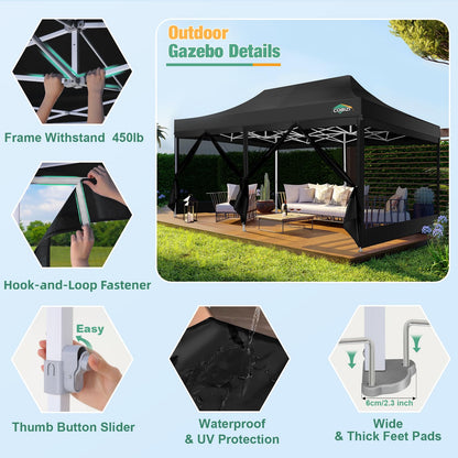 COBIZI 10x20 Canopy Tent, Heavy Duty Pop up Canopy with Sidewalls, Waterproof Easy Setup Canopy with Mosquito Netting, Outdoor Instant Screen Tents for Parties, Wedding with Roller Bag, Black