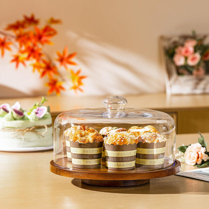 Yangbaga 11IN Wood Cake Stand with Dome Lid, Rotating Cake Stand with Glass Dome- Cake Plate with Cover for Baking Gifts/Birthday Kitchen/Party/Weddings