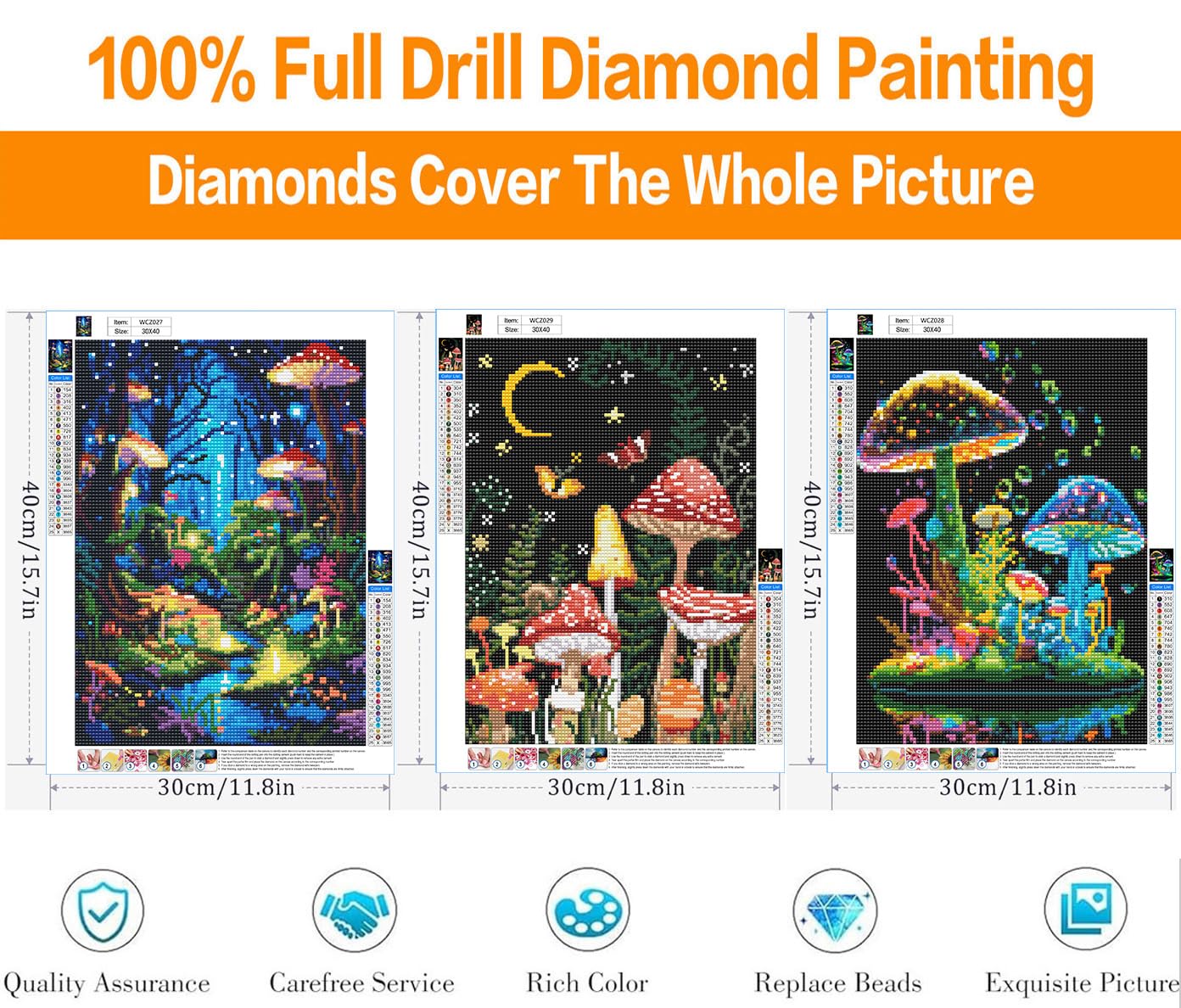 3 Pack Diamond Art Kits for Adults, Mushroom Diamond Painting Kits for Adults, 5D DIY Round Drill Gem Art Paint with Diamonds Dots Crafts Kits for Home Decor Gift 12x16inch