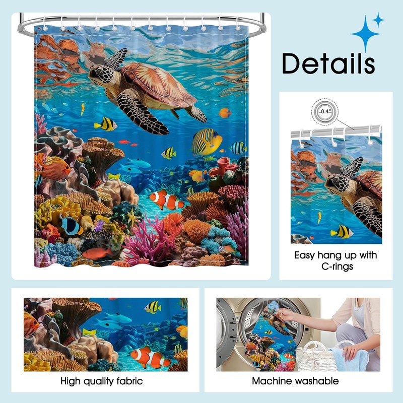 Mocsicka Ocean Shower Curtain Sea Turtle Underwater World Bathroom Decor for Kids Under The Sea Shower Curtain for Bathroom Fishes Coral Waterproof Bath Curtain with Hooks (71x71 Inch, Ocean)