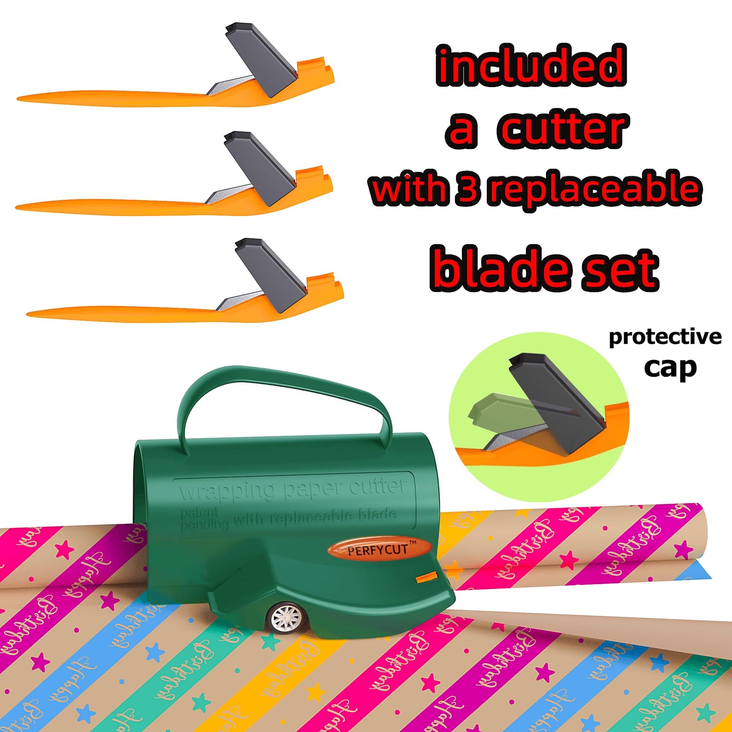 PERFYCUT Wrapping Paper Roll Cutter Tool with 3 pcs Replaceable Blade Kit Gift Wrapping Paper Cutter for Christmas and Birthday Wrapping Paper Gift Wrap Cutter Holder Tube Slicing Trimming.