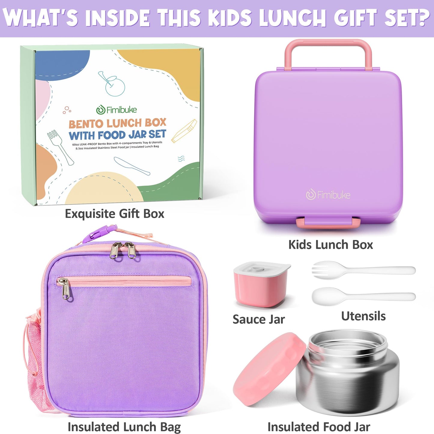 Fimibuke Bento lunch Box Set for Kids Adult with 8oz Insulated Food Jar, Lunch Bag & Sauce Cup, Leakproof Dishwasher Safe Toddler Lunch Food Container with 3-4 Compartment for School Girls Boys