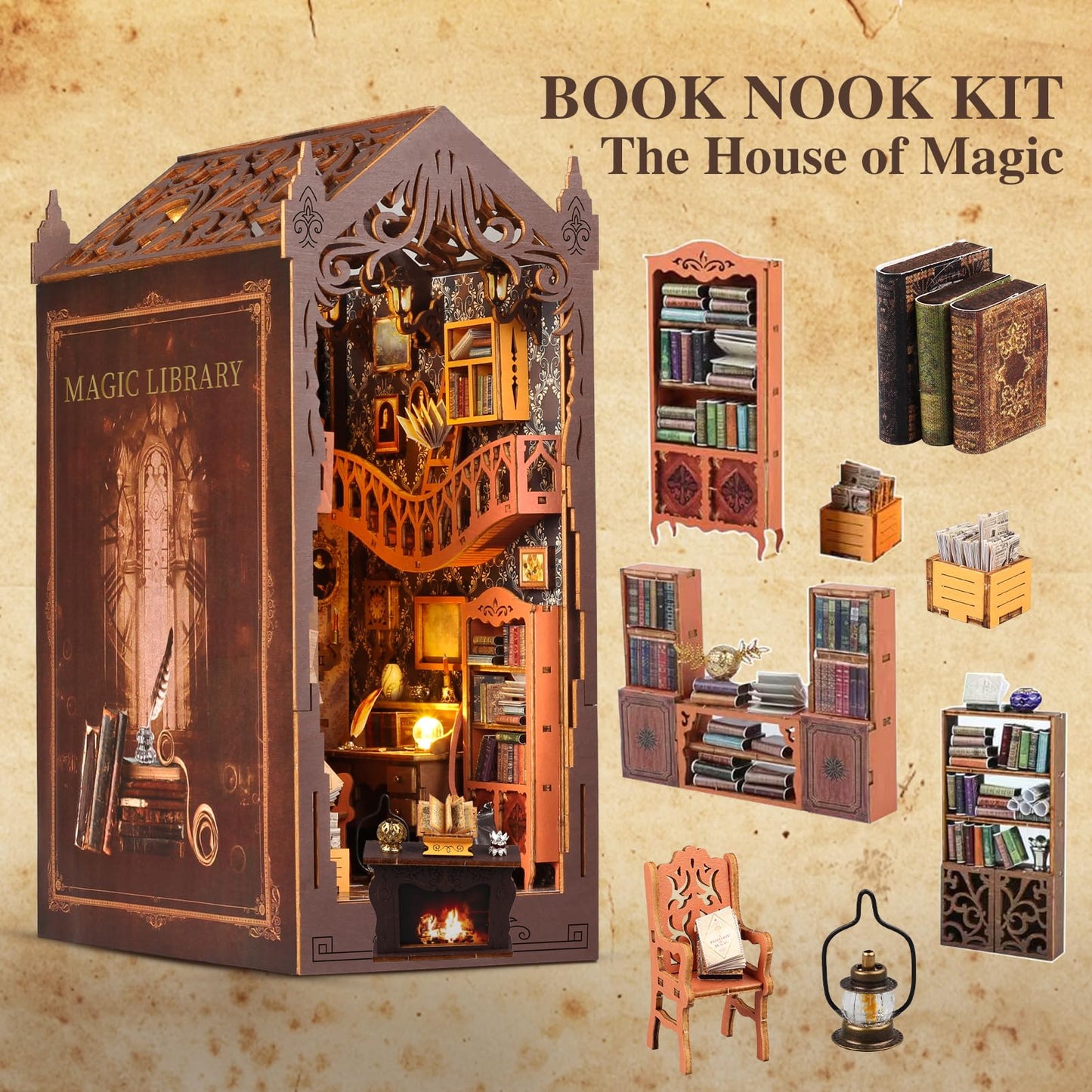 Book Nook Kit,DIY Miniature House Kit,Dollhouse Booknook with Dust Cover & LED Light,3D Wooden Bookends Puzzle,Bookshelf Decorfor for Adults, Teens, Beginners,Gifts for Family, Friends