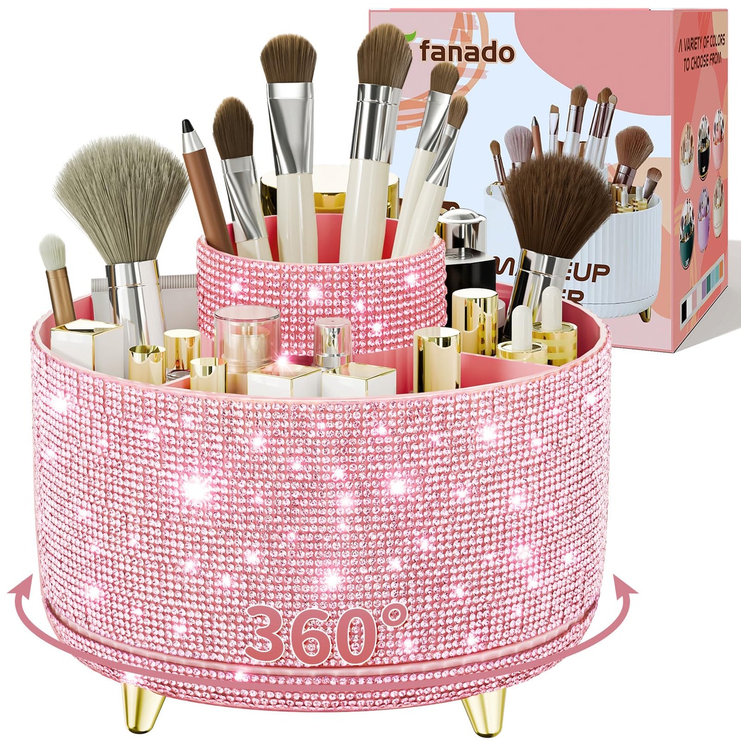 fanado Bling Diamond Makeup Brush Holder, 360° Rotating Makeup Organizer, 5 Slot Make up Brushes Cup for Countertop, Storage for Cosmetics Pen Eyeliner Skincare on the Vanity (Diamond Pink)