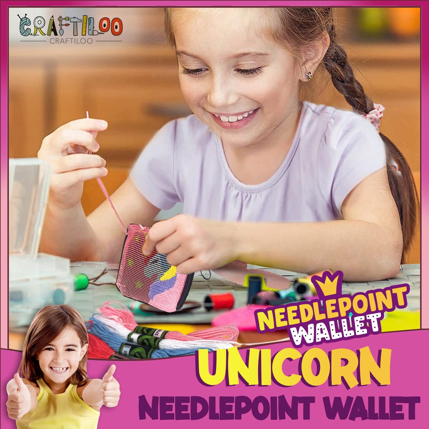 CRAFTILOO Needlepoint Kit for Kids — Beginner Cross Stitch Sewing Kit with Pre Printed Canvas, Easy Embroidery Arts and Crafts Starter Set for Girls and Boys Ages 6-12 (Unicorn)