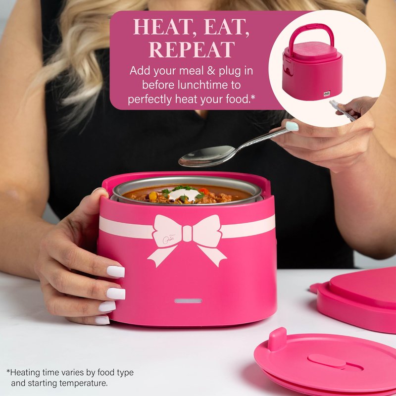 Paris Hilton Electric Lunch Warmer, 20-Ounce Stainless Steel Portable Food Container With Sealing Lid, Removable 2.5-Cup Inner Dish, Bow Front Decal, Hot Pink