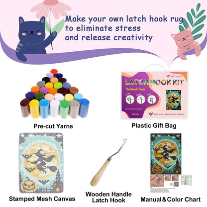 veirousa Halloween Flying Witch Latch Hook Kits for Adults Kids Beginners Pumpkin DIY Latch Hook Rug Kit Pre-Printed Hook and Latch Carpet Making Kits Cross-Stitch Wall Hanging Crochet Set 15x20 Inch