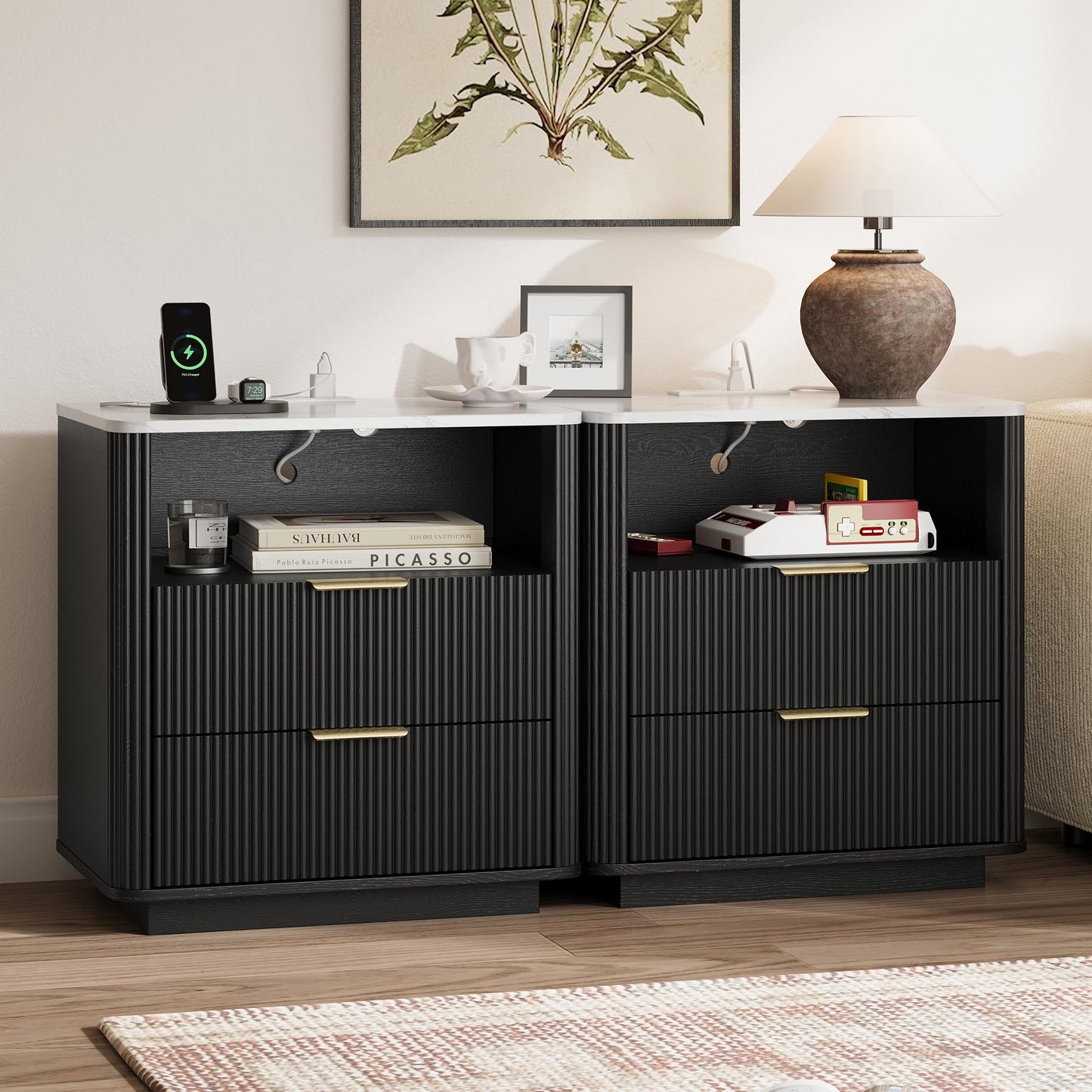 Fluted Nightstand with Charging Station, Bedside Table with Storage & Drawers, Faux Marble-Top, Modern Mid Century Bedside End Table with Drawer, Large Nightstand for Bedroom, Living Room, Black