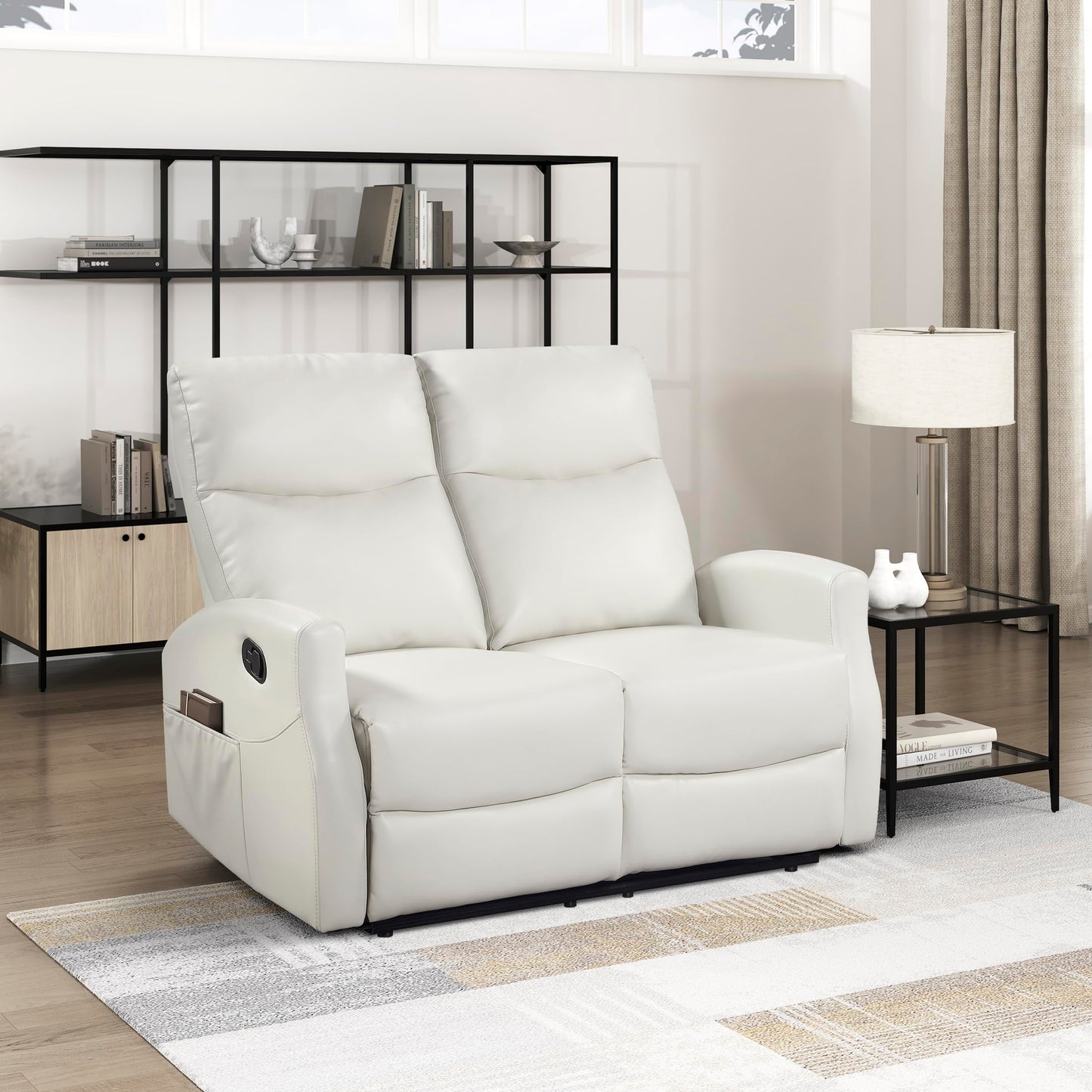 Lexicon Manual Reclining Loveseat, Faux Leather Loveseat Recliner, Wall Hugger, Magazine Pocket, Manual Dual Recliners for Living Room/Theater Seating/Apartment, Easy Assembly, Beige