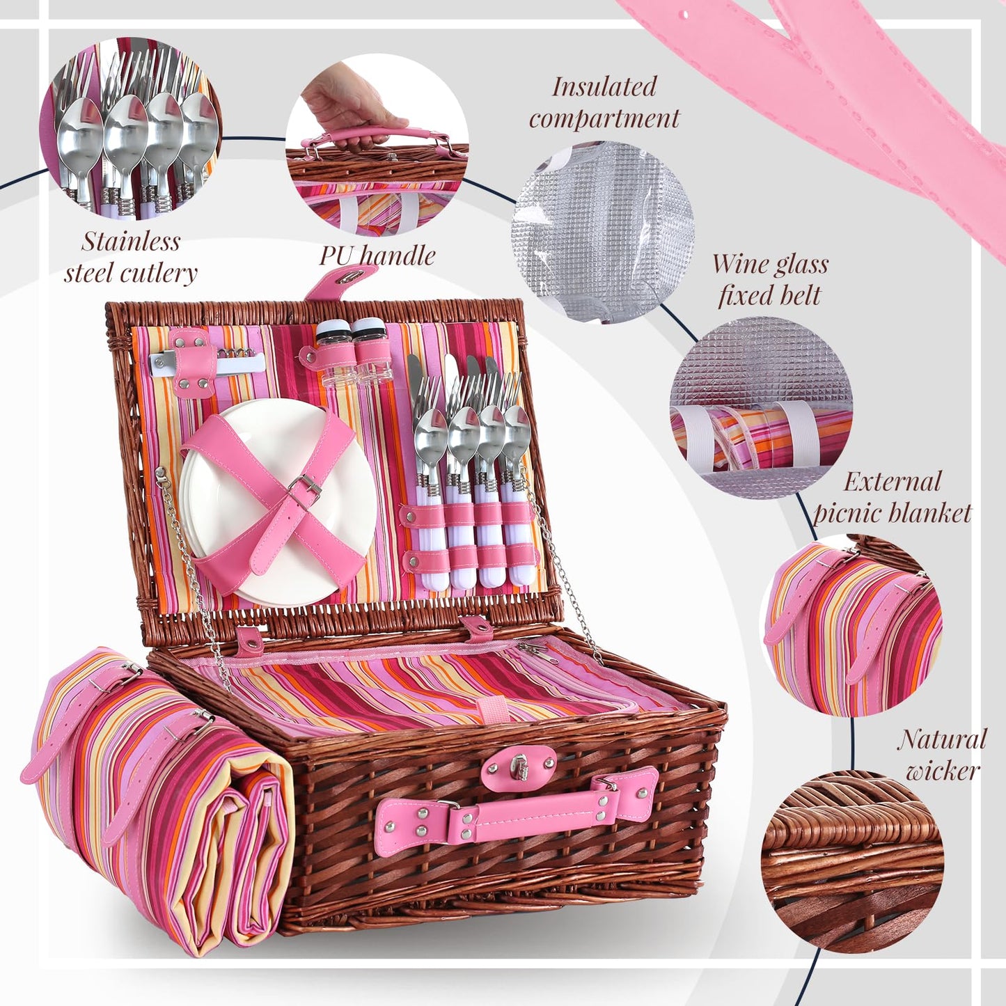 YPshuye Picnic Basket Set for 4 with Waterproof Blanket Mat Insulation Bag Wicker Pink Stripe Classic Fresh Gift for Christmas Thanksgiving Wedding Birthday Camp Outdoor Beach Travel