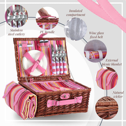 YPshuye Picnic Basket Set for 4 with Waterproof Blanket Mat Insulation Bag Wicker Pink Stripe Classic Fresh Gift for Christmas Thanksgiving Wedding Birthday Camp Outdoor Beach Travel