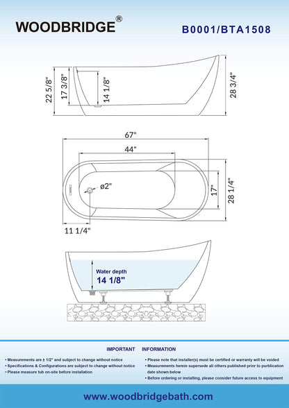 WOODBRIDGE 67" Acrylic Freestanding Bathtub Contemporary Soaking White Tub with Matte Black Overflow and Drain，B0001 -MB-Drain &O