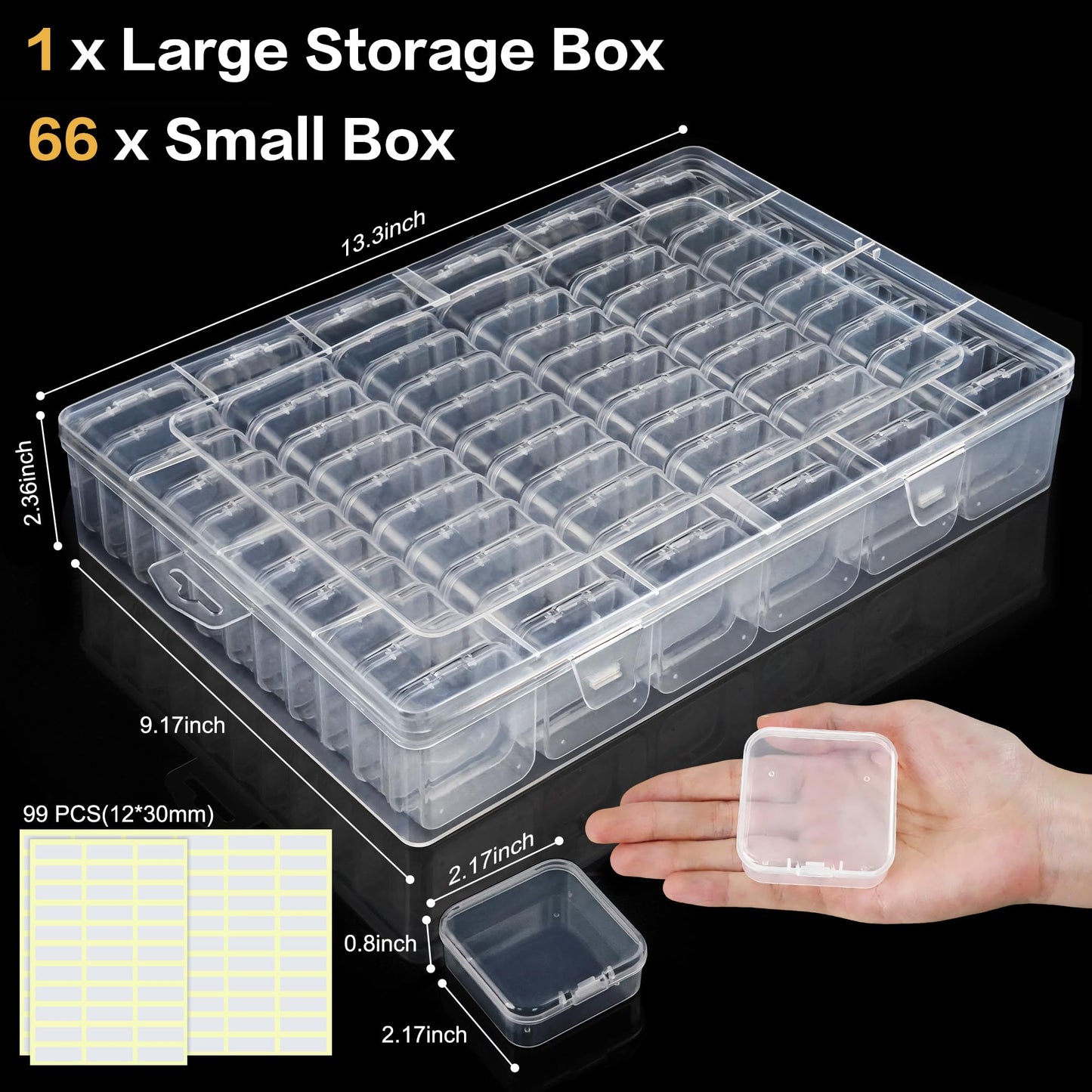 DILIBRA Large Bead Organizer Box, 66 Pcs Small Clear Storage Containers with Labels, Mini Bead Organizers and Storage Craft Case with Handle for Jewelry Bracelet Screws Seeds Diamonds Arts Small Parts