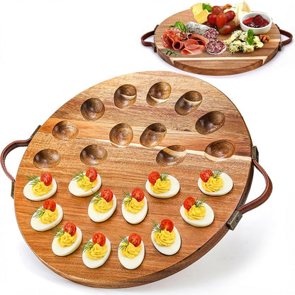 24 Countertop Hiceeden Acacia Wood Deviled Egg Platter with Handles for Easter, Holes Round Deviled Egg Tray Container