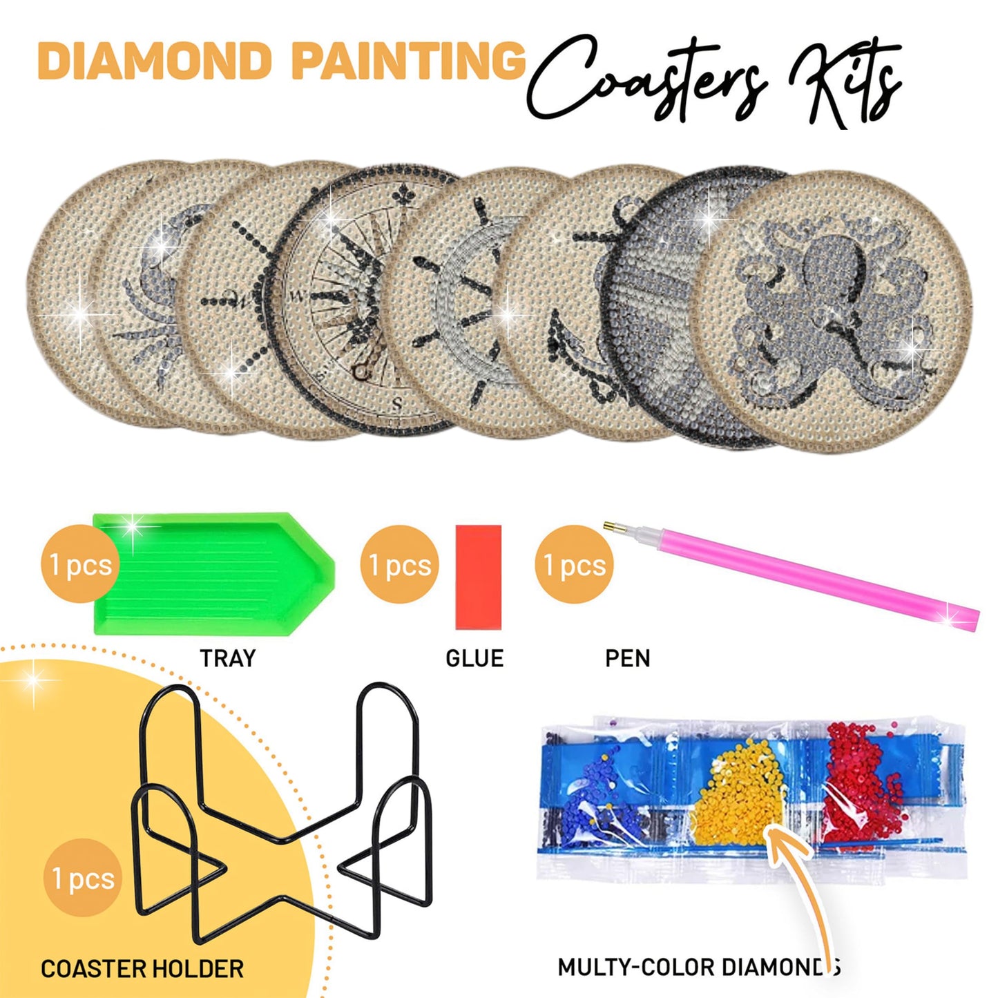 8 pcs Diamond Painting Coasters | Diamond Art Coasters | Vintage Nautical Diamond Art Painting | Perfect Art Craft Gift for Vintage Nautical Lover, Dad, Mom, Grandparents, Brother, Sister.