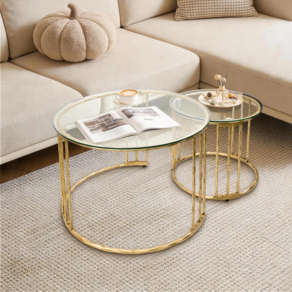 BEGINS Nesting Coffee Table Set of 2, 23.6" Round Coffee Table, Hand Forged Vintage Gold Center Table with Glass Top for Living Room, Bedroom, Balcony