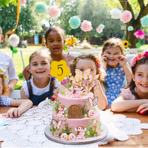 Kigley 38 Pcs Fairy Cake Toppers Garden Topper Fairy Cake Decoration Pink Mushroom Butterfly Flowers Dessert Decoration for Birthday Baby Shower Party Favors