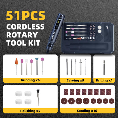 STEELITE Mini Cordless Rotary Tool, 6-Speed Rotary Tool Kit with 50 Accessories, Multi-Purpose and USB Charging 3.7V Power Rotary Tool for Engraving, Sanding, Polishing, Drilling, Etching, DIY Crafts