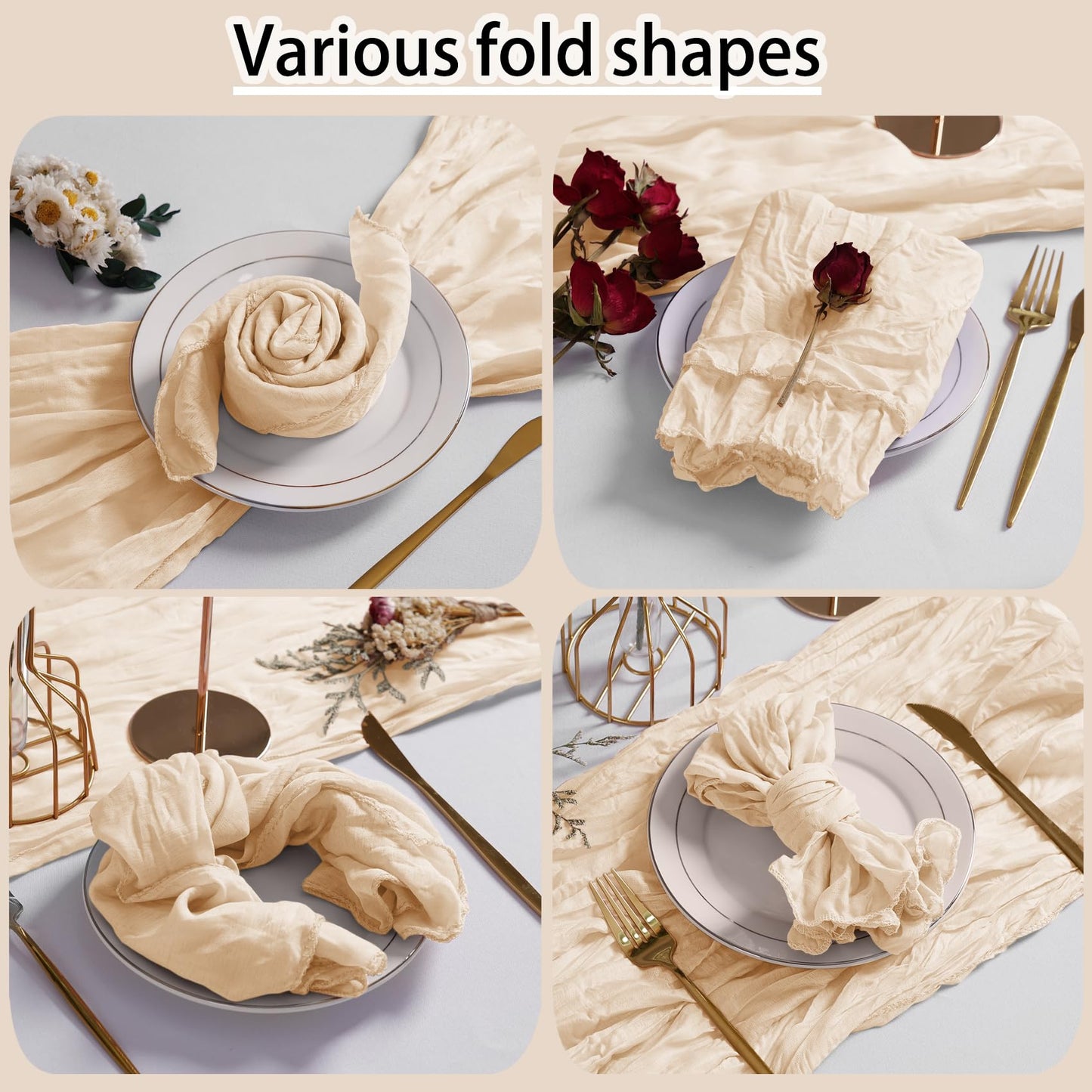 LZY 120 Pack Gauze Cheesecloth Napkins 20x20 Inch Dinner Cloth Napkins, Soft Boho Table Napkins Rustic Wrinkled Cheese Cloth Napkins Bulk for Wedding Party Baby Shower Event Decor (Ivory)