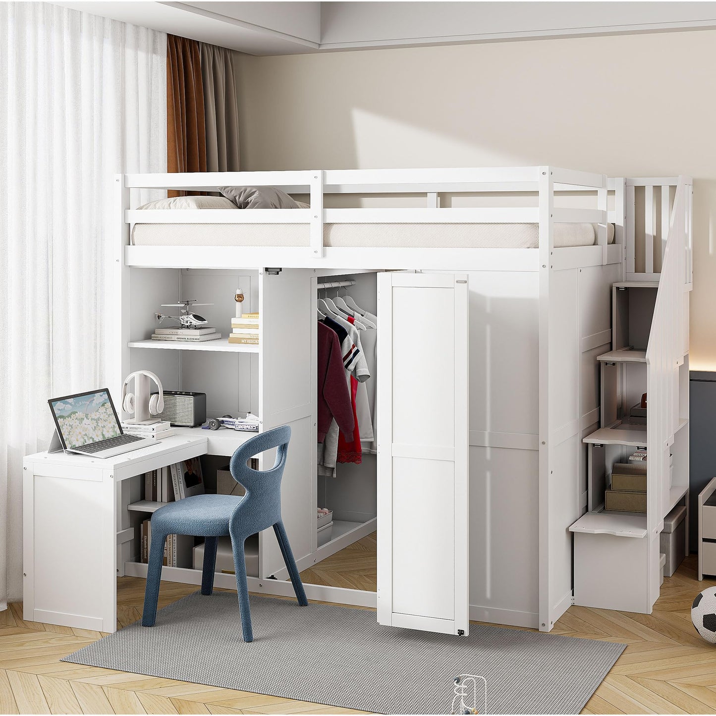 Merax Full Size Loft Bed, Wood Bedframe with Wardrobe, Storage Stairs, Desk and Shelves for Kids Teens Adults Bedroom, White