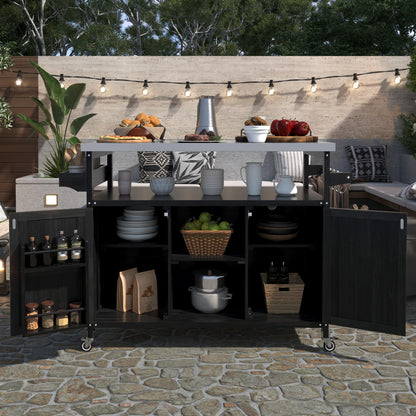 Ball & Cast Outdoor Kitchen Island,Rolling Bar Cart & Storage Cabinet,Farmhouse Solid Wood Outdoor Grill Table with Stainless Steel Top,Spice and Towel Rack,for Kitchen,Barbecue,Black,50.25"