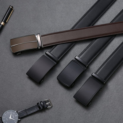 SENDEFN Men's Leather Belt Automatic Ratchet Buckle Slide Belt for Dress Casual Trim to Fit with Gift Box(A-black-31)