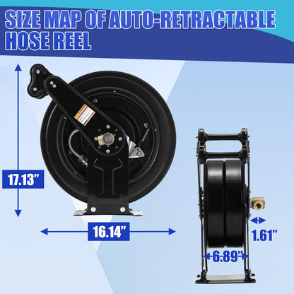 FIXFANS High Pressure Washer Hose Reel for Water/Air/Oil, 3/8" X 50 FT Steel Dual Arm Auto-Retractable Power Wash Hose Reel, Heavy Duty Hose Reel 4000 PSI