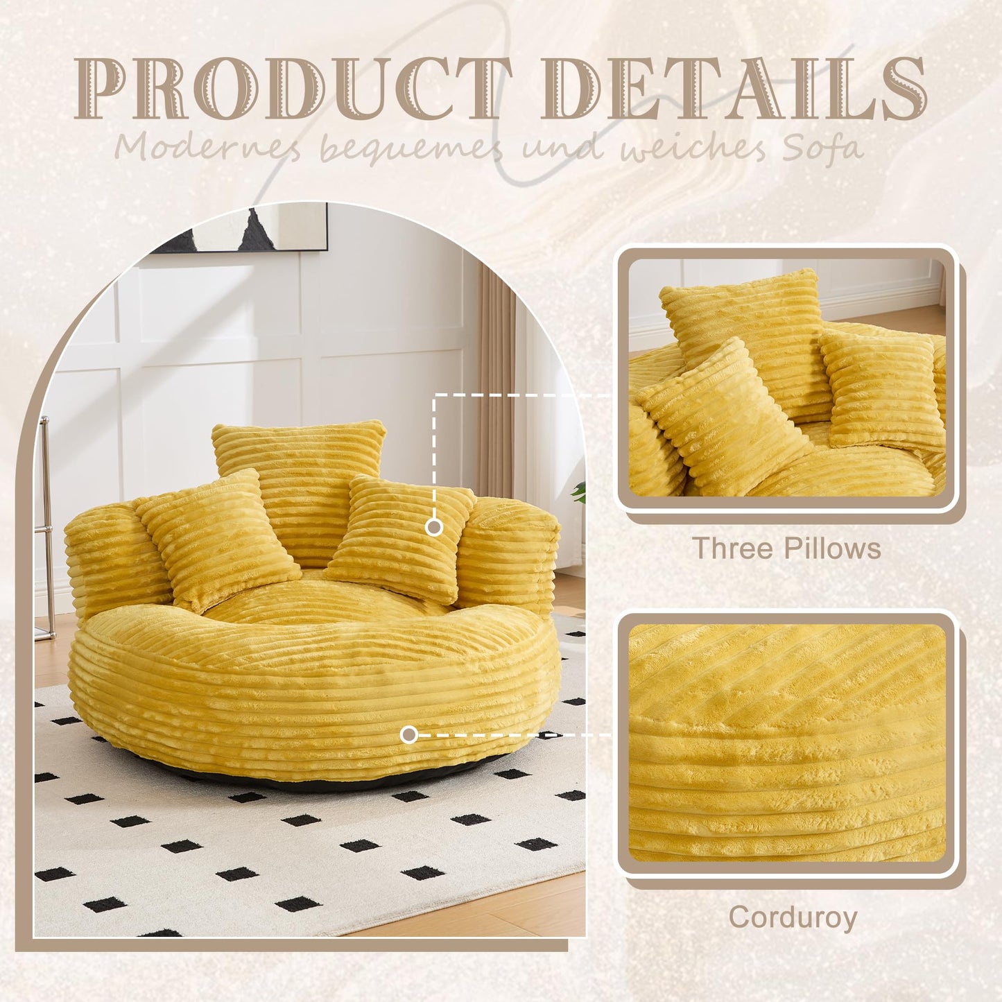 KEIKI Oversized Bean Bag Sofa Chair with Armrests & Pillows, Corduroy Beanbag Chair for Adults & Teens, Memory Foam Lazy Sofa No Assembly, Cozy Dorm Room & Apartment Furniture