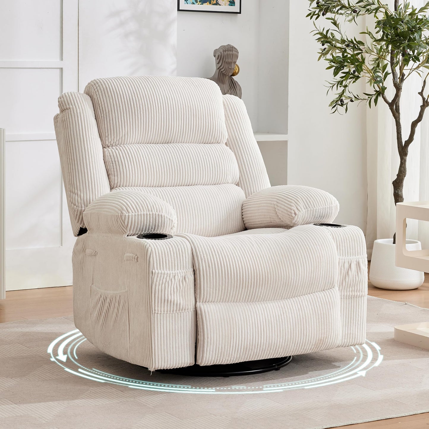 Rocking Recliner Chair for Adults Wide 360° Swivel Rocker Recliner with Cup Holder Nursery Glider with Upholstered Deep Seat Corduroy Lazy boy Chair for Living Room Beige
