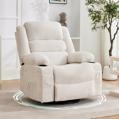 Rocking Recliner Chair for Adults Wide 360° Swivel Rocker Recliner with Cup Holder Nursery Glider with Upholstered Deep Seat Corduroy Lazy boy Chair for Living Room Beige