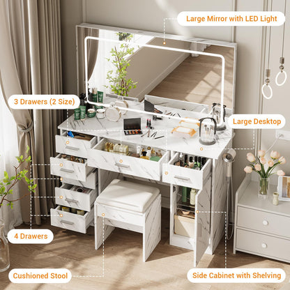 GarveeLife Modern Vanity Desk with LED Mirror – 7 Drawers, Power Outlets, Hair Dryer Holder, 3-Mode Adjustable Lighting – Makeup Dressing Table for Bedroom, Marble White Finish